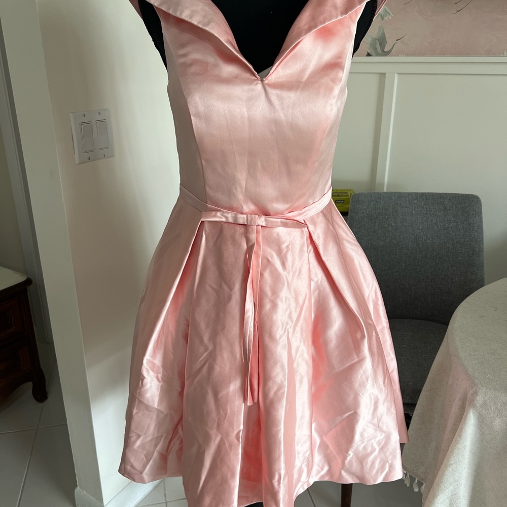 Hebeos bridesmaid/formal cocktail dress pink satin A-line princess v neck